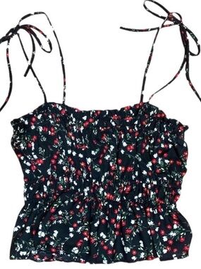Black Floral Smocked Tie-Strap Camisole